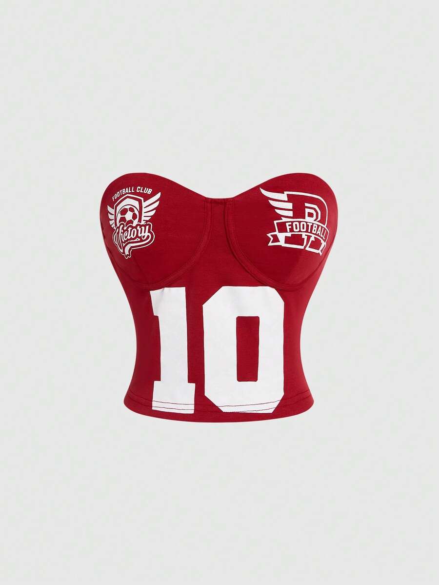 ROMWE Avant 运动宝贝无肩带足球号码印花修身背心 - 酒紅色 - 查看 1