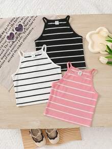 SHEIN Young Girl Ribbed Ribbed Casual Versatile Halter Neck Camisole - Multicolor - View 1