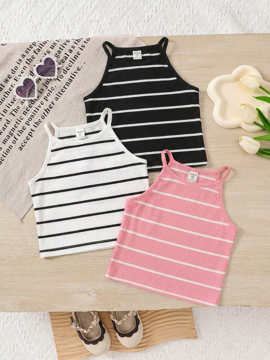 SHEIN Young Girl Ribbed Ribbed Casual Versatile Halter Neck Camisole - Multicolor - View 1