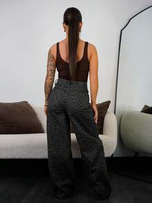 SAYEHFBABY 女式豹纹高腰宽松阔腿牛仔裤 - 藍色 - 查看 2