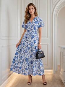 EMERY ROSE Đầm ngắn tay cổ chữ V in hoa thanh lịch dành cho nữ, thích hợp cho mùa hè. - Nhiều màu - Xem 9