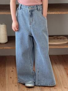 Dazy Kids Quần jeans ống rộng cạp cao, kiểu dáng thường ngày cho nữ, đã qua xử lý. - Rửa nhẹ - Xem 3