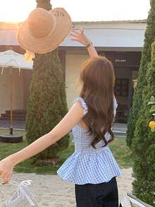 K-Vae Women's Blue Plaid Cap Sleeve Cropped Waist Camisole Top, Summer - Multicolor - View 2