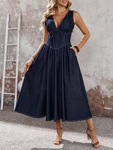 EMERY ROSE Mature Denim 女士纯色V领宽肩带系带休闲褶皱时尚牛仔连衣裙 - 藍色 - 查看 2