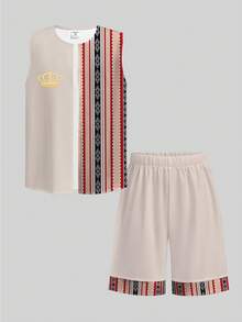 Tween Boy Casual Minimalist, Versatile Daily Wear, Arabic Style, Shirt Set Suitable For Spring/Summer, Party Shirt Set Suitable For Spring/Summer - Multicolor - View 2