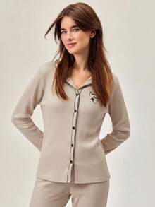 Loomlin Women's Contrast Color Piping Plaid Print Ribbed Long Sleeve Top & Pants Pajama Set - Apricot - View 5