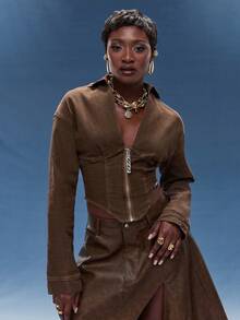 Normani Women's Fashion Zip-Up Denim Jacket - Chocolate Brown - View 5