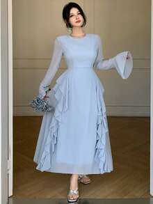 DAZY Đầm cocktail dáng midi ôm sát cổ bèo cho nữ, thích hợp làm đầm dự tiệc cưới hoặc đầm mùa hè. - Màu xanh lam - Xem 8