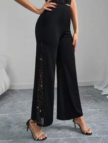 SHEIN Tall CURVE 大码水钻装饰休闲裤 - 黑色 - 查看 8