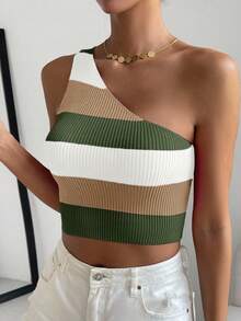 Chiquease Top de punto de un hombro corto con rayas de contraste, casual de verano - Multicolor - Ver 4