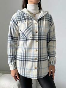 EURMUSE Cotton Ladies' Plaid Drawstring Hooded Regular-Fit Jacket - Blue and White - View 3