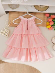 SHEIN 女婴无袖粉色连衣裙，配蝴蝶结，A字公主风，甜美百搭的圆领设计，适合日常外出，春季穿着 - 粉色 - 查看 2