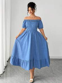 Elenzga 大码女装夏季新款珍珠荷叶边露肩泡泡袖收腰优雅连衣裙，适合约会、下午活动、度假、城市漫步、朋友聚会等场合。 - 藍色 - 查看 2