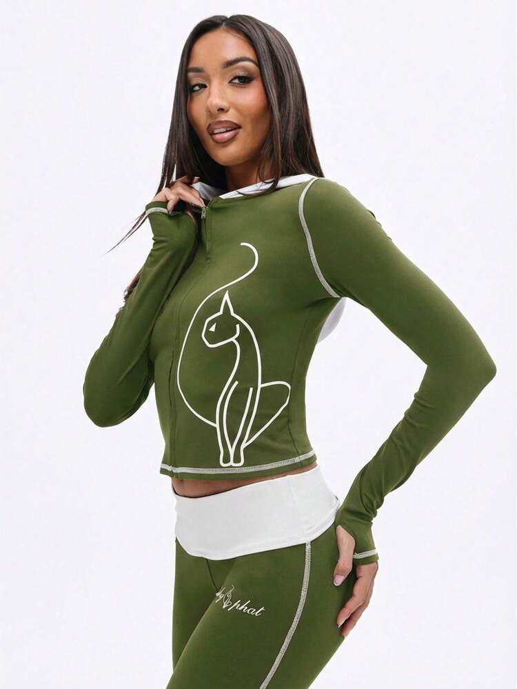 BABYPHAT Zip Up Hooded Top With Contrast Stitching And Line Art Print For Casual Layering
