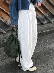 FRIFUL 女士纯白色薄纱蕾丝直筒宽松休闲裤 - 白色 - 查看 3