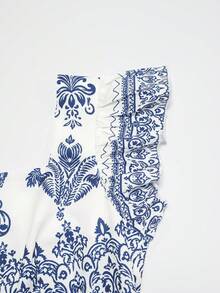 Franclia Versatile Classic Elegant Casual Chic Vacation Style Fashion Charming Urban Business Office Commute Playful Valentine's Day Date Party Beach Dress With Square Neck And Digital Printed Short Sleeves - Blue and White - View 5