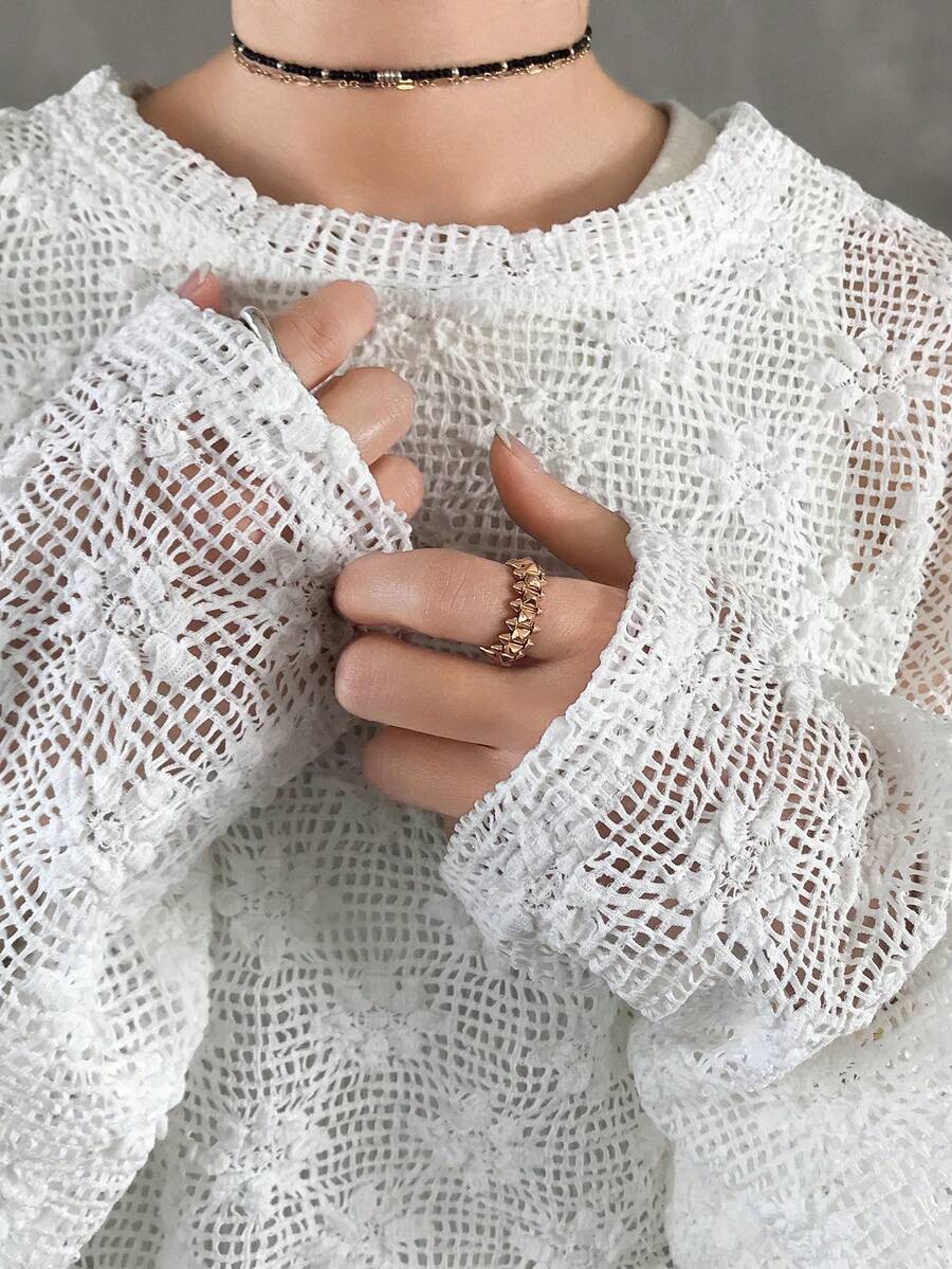 FRIFUL 女士宽松圆领蕾丝纯色衬衫 - 米色 - 查看 1