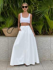 DAZY 女士常规腰围褶裥长裙，休闲度假风牛仔A字裙 - 白色 - 查看 3