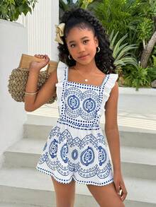 Tween Girl Fashionable Vacation Blue Floral Totem Polka Dot Square Neck Backless Butterfly Sleeve Loose Jumpsuit - Blue - View 4