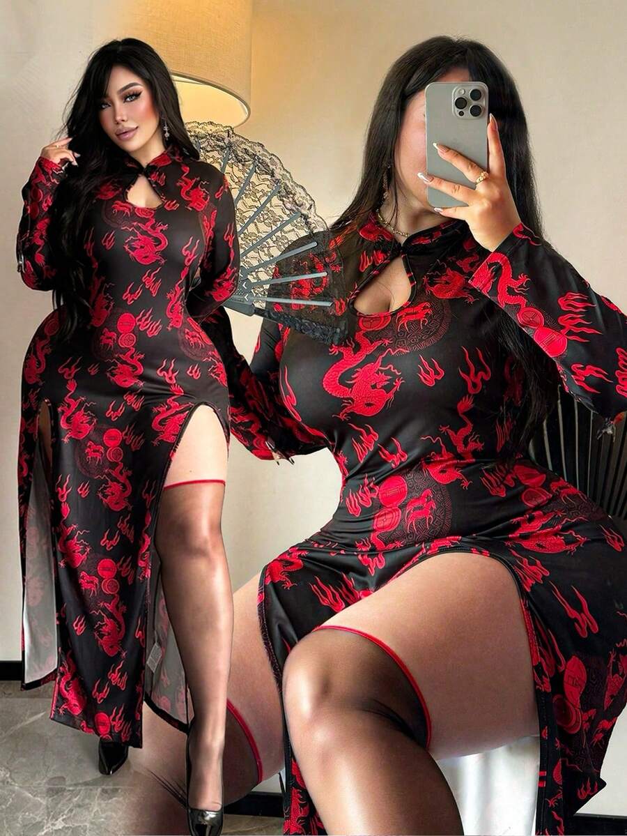 Vibekara 大码女式旗袍，心形印花 - 彩色 - 查看 1