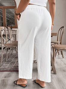 EMERY ROSE 大码纽扣装饰休闲度假日常纯棉高腰修身女裤 - 白色 - 查看 2
