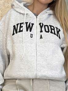 Cioccolato 女式字母印花落肩灰色连帽卫衣，适合秋冬季、毕业典礼、返校、教师 - 灰色 - 查看 4