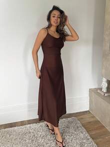 RebeccaVibe 女士纯色褶皱腰喇叭下摆细肩带连衣裙、半正式连衣裙、优雅茶会连衣裙、飘逸巡航女士服装 - 棕色 - 查看 5