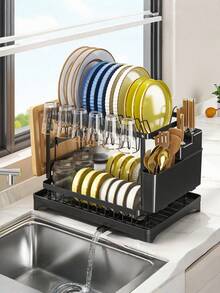 双层厨房置物架，快速排水，带刀叉架、砧板架，保持台面干燥 - 节省空间的多功能碗碟置物架，可放置碗碟，碗碟架 | 时尚金属架 | 耐用厨房用品，厨房收纳整理架。 - 彩色 - 查看 3