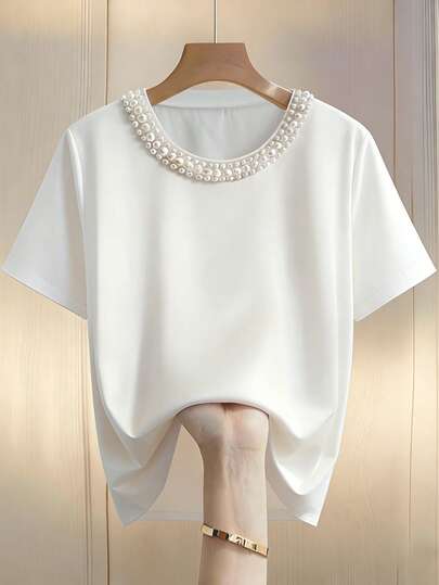 GlowEve CURVE Tricou de vară casual cu mânecă scurtă, culoare solidă, cu decorațiuni cu perle, mărime plus