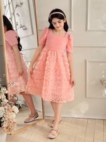 Glamorique Kids 1件女童甜美公主风珍珠装饰方领蝴蝶结腰部泡泡袖玫瑰连衣裙，夏季派对连衣裙 - 粉色 - 查看 7