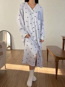 DAZY Puppy Pattern Purple Bat All-Over Print Long Sleeve Loose Nightgown Dress For Women - Mauve Purple - View 5