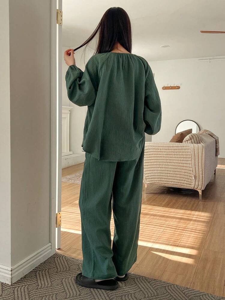 Green Minimalist Textured Chiffon Pleated Collar Lantern Sleeve Loose Women Pajama Set