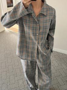 DAZY Plaid Print Button Front Long Sleeve Top And Pants Loose Women Pajama Set - Grey - View 6