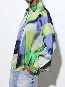 Maija 女士时尚百搭扎染印花缎面单排扣翻领长袖衬衫，春季 - 彩色 - 查看 5