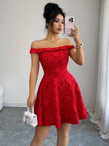 Rafferiza 女士露肩纹理面料A字下摆百搭通勤派对约会优雅年轻女士连衣裙 - 紅色 - 查看 4