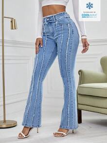 SHEIN Essnce Solid Color Frayed Hem Slant Pocket Elegant Flare Leg Jeans - Blue - View 5