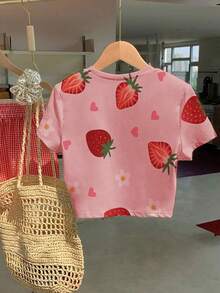Áo thun crop top cổ tròn tay ngắn in họa tiết quả dâu tây cho nữ, thời trang mùa hè - Hồng - Xem 2