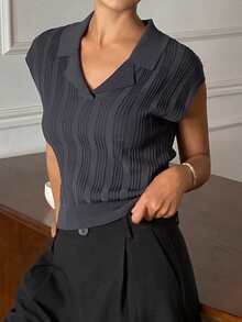 DAZY 女士纯色纹理条纹翻领修身休闲针织上衣，春秋季 - 灰色 - 查看 6