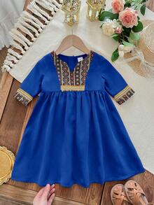 SHEIN 1-Pack Cute Baby Girl Cute Versatile With Cute Maroon With Pattern And Lace Contrasting Color Gorgeous Long-Sleeved Long Dress, Comfortable And Casual Versatile Fashion Everyday, Suitable For Birthday Parties, Evening Parties, Performances, Weddings, Baptisms, Opening Ceremonies Indoors And Outdoors, Daily Life, Sports, Play, Parties, Photo Shoots, Vacations, Festivals Suitable For Spring, Autumn And Winter - Blue - View 7