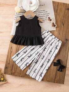SHEIN 女婴度假休闲荷叶边背心和松紧腰条纹印花裤套装 - 黑色 - 查看 7