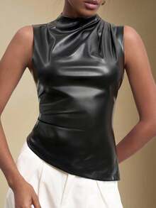 BizChic 2025 Autumn/Winter New Black PU Fabric Asymmetric Hem Off-Shoulder Ruched Waist Women's Top, Retro Chic Elegant Urban Commute Everyday Casual Romantic 90s Christmas New Year Outfit, Thanksgiving Party Dress, Beach Holiday, Graduation, Fashion, Suitable For Wedding Guest, Host, Date, Party, Concert, Brunch, Airport, Multi-Occasion - Black - View 2