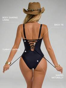 Shapewave 1pc Women's Mesh Tummy Control Backless Halter One-Piece Swimsuit, Black