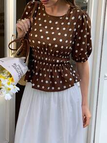 Elyressa Round Neck Raglan Sleeve Gathered Waist Ladies Woven Elegant Summer Blouse - Brown - View 1