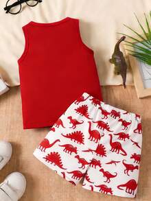 SHEIN 一套男婴恐龙印花背心（带假口袋设计）和恐龙印花短裤，时尚可爱，适合夏季外出穿着 - 彩色 - 查看 2