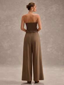 CLARA VERO Women's Brown Wide Leg Pants And Button Up Strapless Bustier Top Set – Two Pieces Summer Suit Outfit - Coffee Brown - View 2