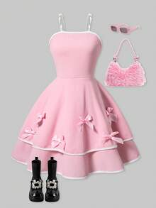 SHEIN ChillGRL Váy yếm thắt nơ thanh lịch và thoải mái cho bé gái tuổi teen, phù hợp cho các bữa tiệc và buổi tụ họp, mùa xuân/hè - Hồng - Xem 5