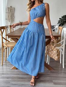 Breezaya Women's Romantic Hollow-Out Striped Dress, Suitable For Spring/Summer Vacation And Outdoor Wear - Blue - View 3