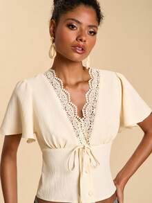 Travachic Women's Romantic Lace Trim Tie Front Cropped Shirt, Summer - Pink - View 7