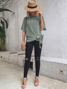 Flexra Solid Color Round Neck Batwing Sleeve Loose Casual Fashion Shirt Brunch Sage Green Summer Office - Green - View 6