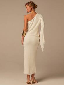 COSMINA 女士不对称肩部长款针织连衣裙，不对称袖亮片针织长裙，休闲波西米亚风连衣裙，米色、杏色、浅黄色、白色 - 杏色 - 查看 2